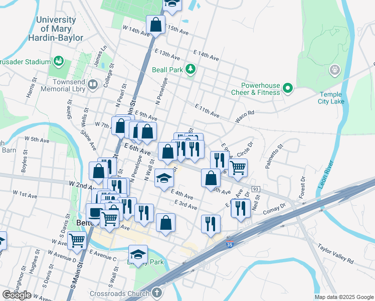 map of restaurants, bars, coffee shops, grocery stores, and more near 503 East 8th Avenue in Belton