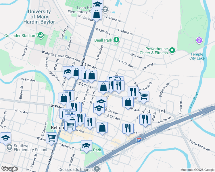 map of restaurants, bars, coffee shops, grocery stores, and more near 503 East 8th Avenue in Belton