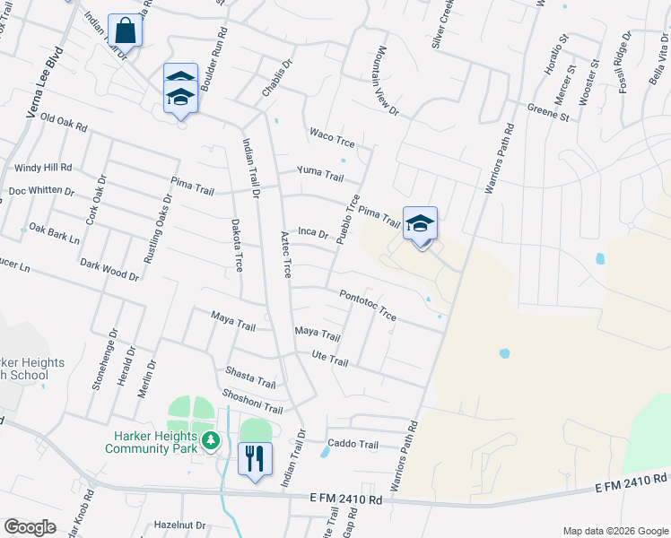 map of restaurants, bars, coffee shops, grocery stores, and more near 1614 Hopi Trail in Harker Heights