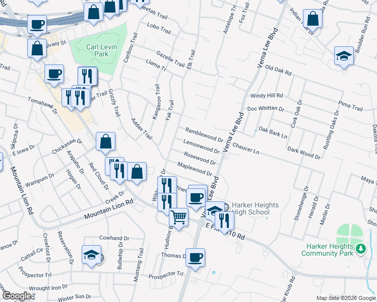 map of restaurants, bars, coffee shops, grocery stores, and more near 918 Lemonwood in Harker Heights