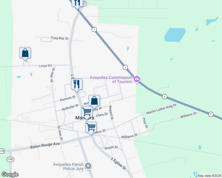 map of restaurants, bars, coffee shops, grocery stores, and more near 1901-1915 Prevot Street in Mansura