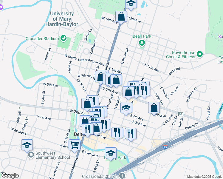 map of restaurants, bars, coffee shops, grocery stores, and more near 604 North Penelope Street in Belton