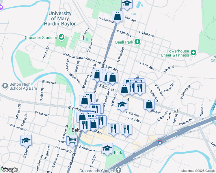 map of restaurants, bars, coffee shops, grocery stores, and more near 604 North Penelope Street in Belton