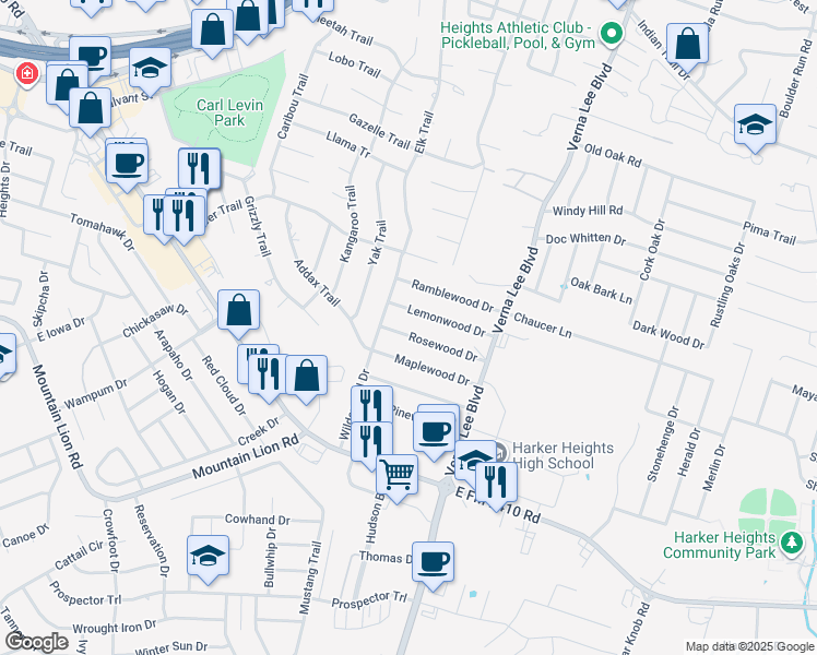 map of restaurants, bars, coffee shops, grocery stores, and more near 902 Lemonwood in Harker Heights