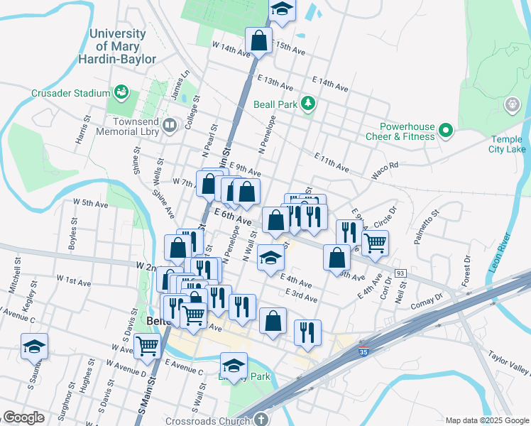 map of restaurants, bars, coffee shops, grocery stores, and more near 617 North Wall Street in Belton