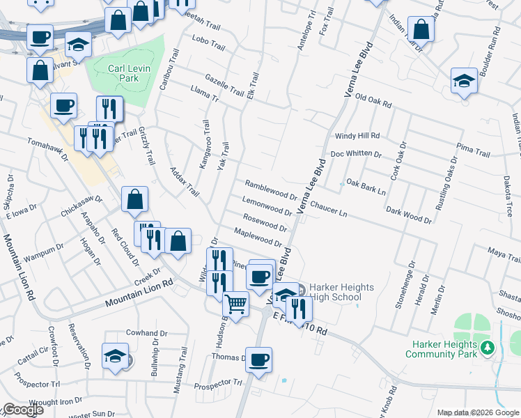 map of restaurants, bars, coffee shops, grocery stores, and more near 918 Lemonwood in Harker Heights