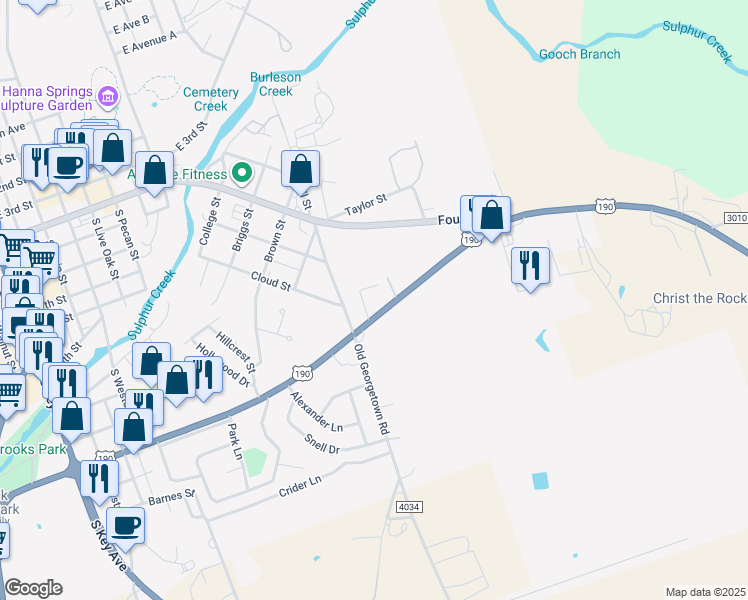 map of restaurants, bars, coffee shops, grocery stores, and more near 1309 Plum Street in Lampasas