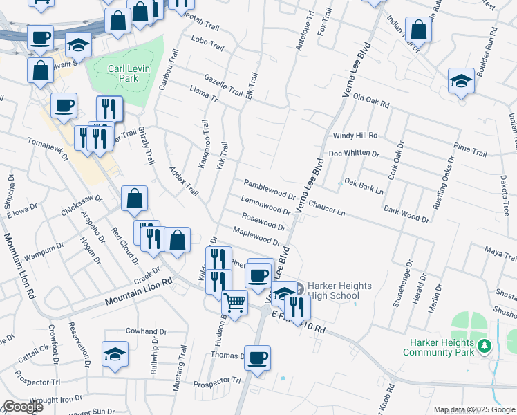 map of restaurants, bars, coffee shops, grocery stores, and more near 918 Lemonwood in Harker Heights
