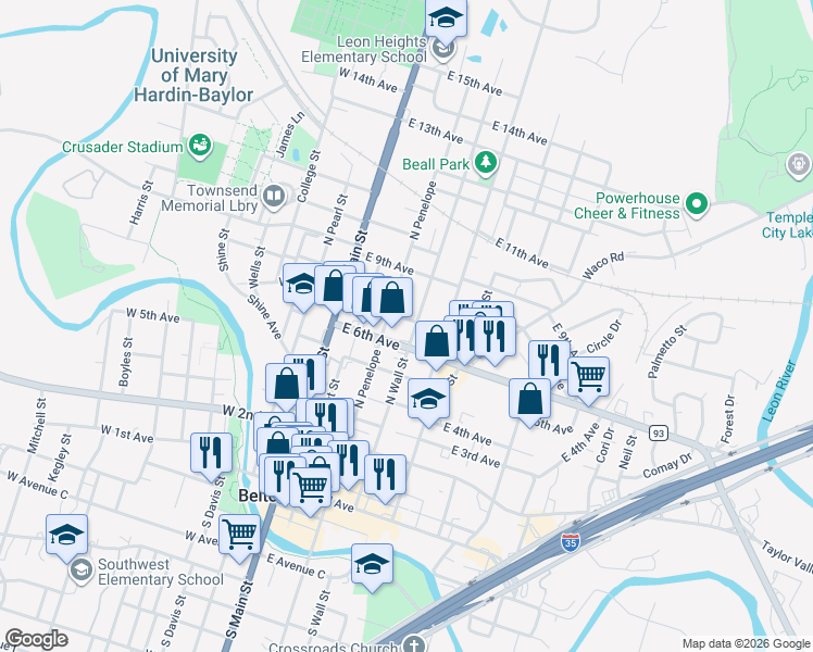map of restaurants, bars, coffee shops, grocery stores, and more near 618 North Wall Street in Belton