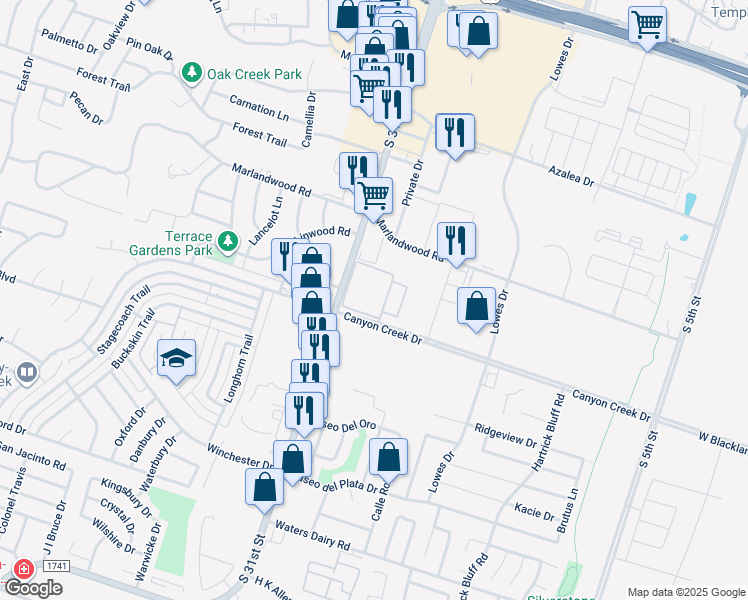 map of restaurants, bars, coffee shops, grocery stores, and more near 1476 Canyon Creek Drive in Temple