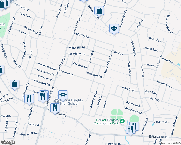map of restaurants, bars, coffee shops, grocery stores, and more near 2035 Chinquapin Lane in Harker Heights