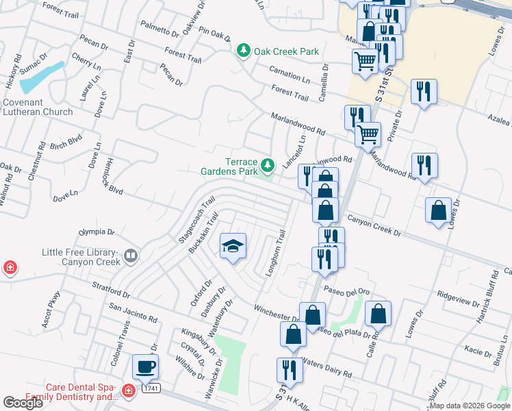 map of restaurants, bars, coffee shops, grocery stores, and more near 2009 Stagecoach Trail in Temple