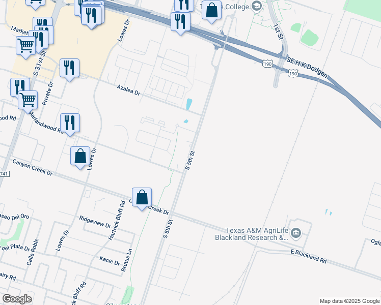 map of restaurants, bars, coffee shops, grocery stores, and more near 3610 South 5th Street in Temple