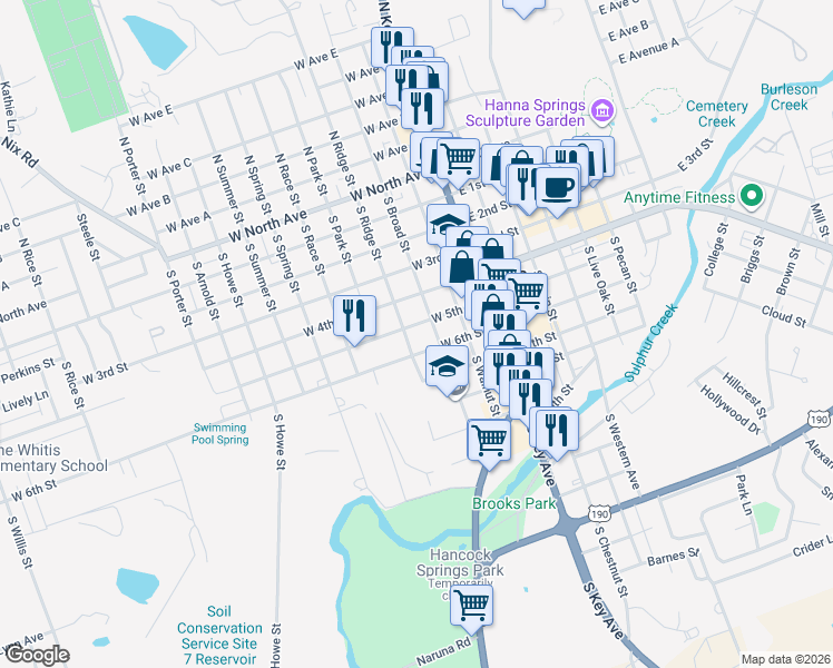 map of restaurants, bars, coffee shops, grocery stores, and more near 602 South Broad Street in Lampasas