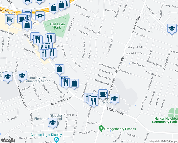 map of restaurants, bars, coffee shops, grocery stores, and more near 2300 Wildewood Drive in Harker Heights