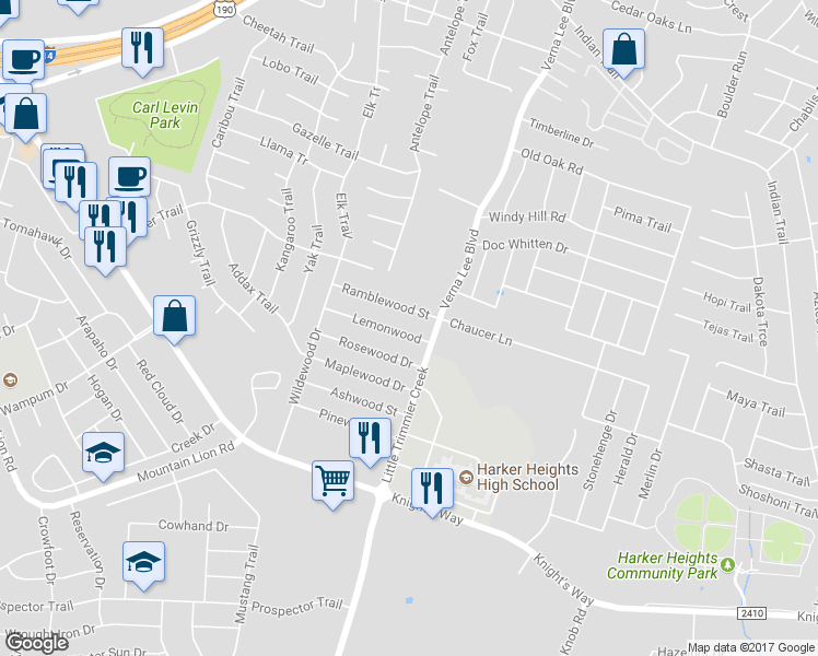 map of restaurants, bars, coffee shops, grocery stores, and more near 933 Lemonwood in Harker Heights