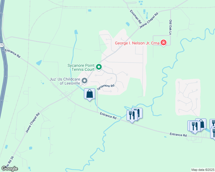 map of restaurants, bars, coffee shops, grocery stores, and more near Sycamore Road in Leesville