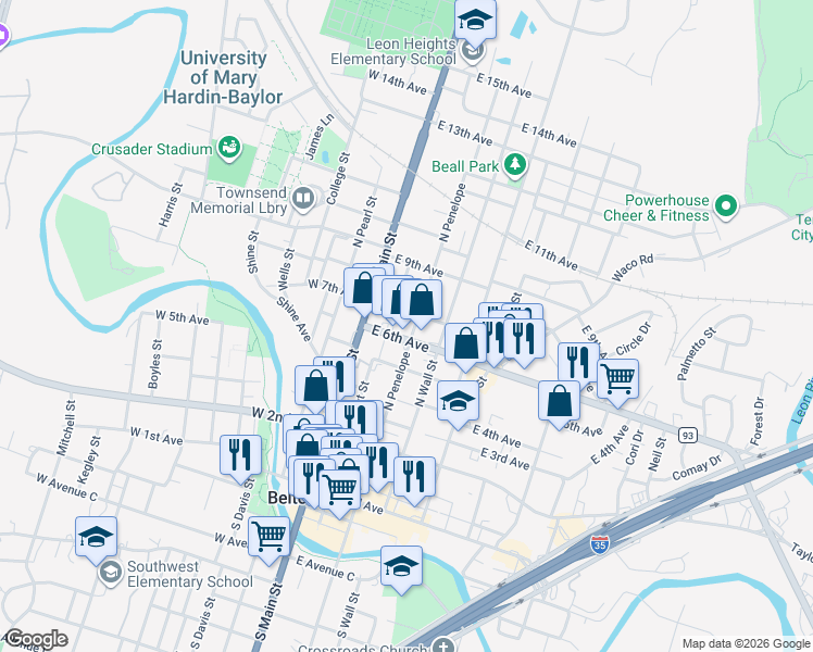 map of restaurants, bars, coffee shops, grocery stores, and more near 608 North Penelope Street in Belton