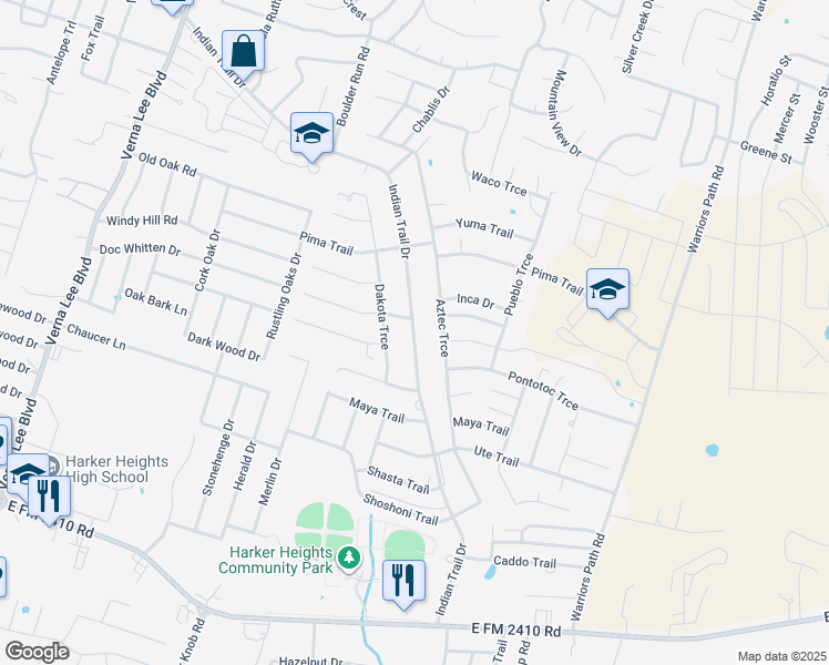 map of restaurants, bars, coffee shops, grocery stores, and more near 1703B Indian Trail in Harker Heights