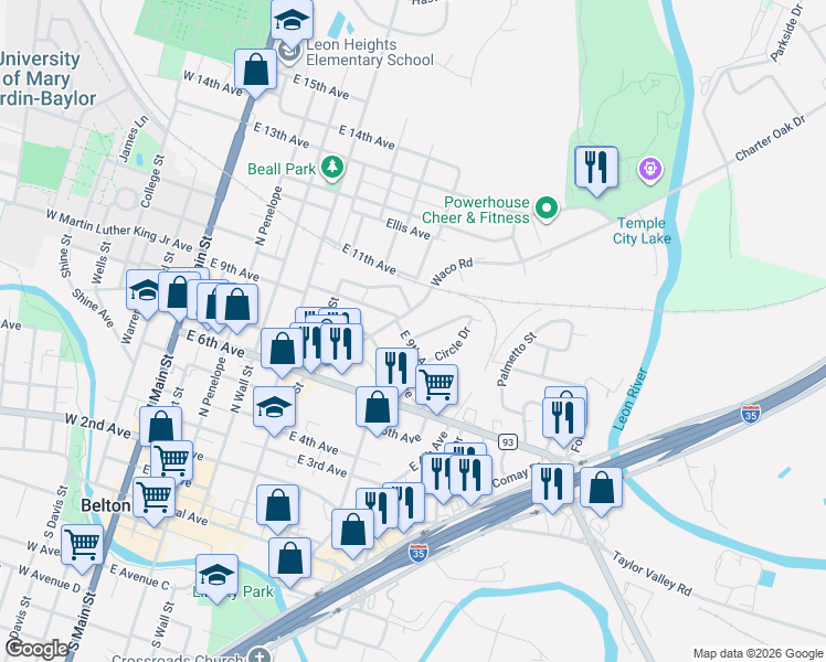 map of restaurants, bars, coffee shops, grocery stores, and more near 106 Circle Drive in Belton