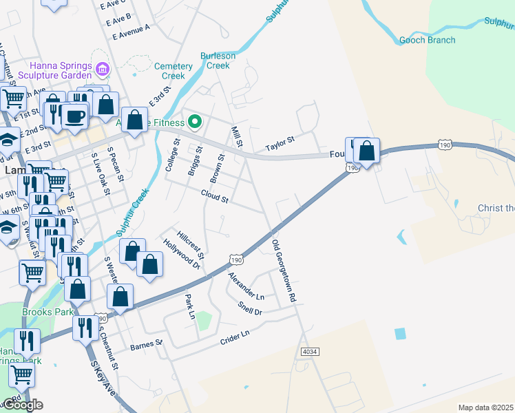 map of restaurants, bars, coffee shops, grocery stores, and more near 608 Georgetown Road in Lampasas