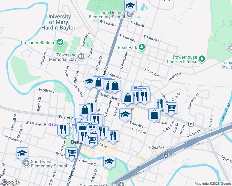 map of restaurants, bars, coffee shops, grocery stores, and more near 619 North Penelope Street in Belton