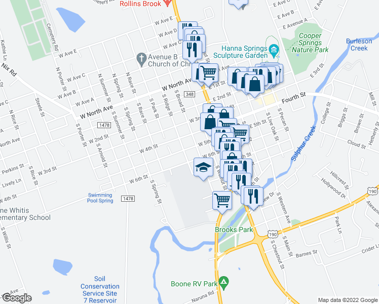 map of restaurants, bars, coffee shops, grocery stores, and more near 601 South Ridge Street in Lampasas