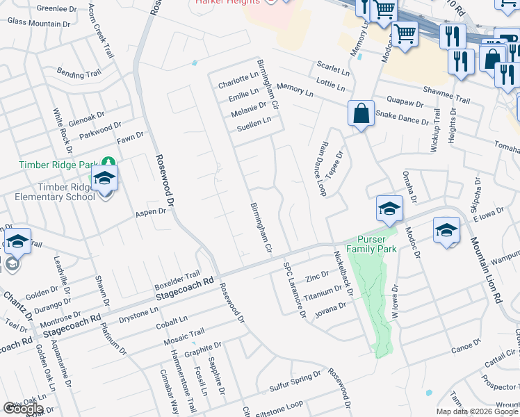 map of restaurants, bars, coffee shops, grocery stores, and more near 4912 Birmingham Circle in Killeen