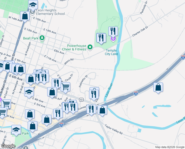 map of restaurants, bars, coffee shops, grocery stores, and more near 1010 Palmetto Street in Belton