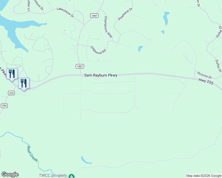 map of restaurants, bars, coffee shops, grocery stores, and more near 253 Neches Drive in Brookeland