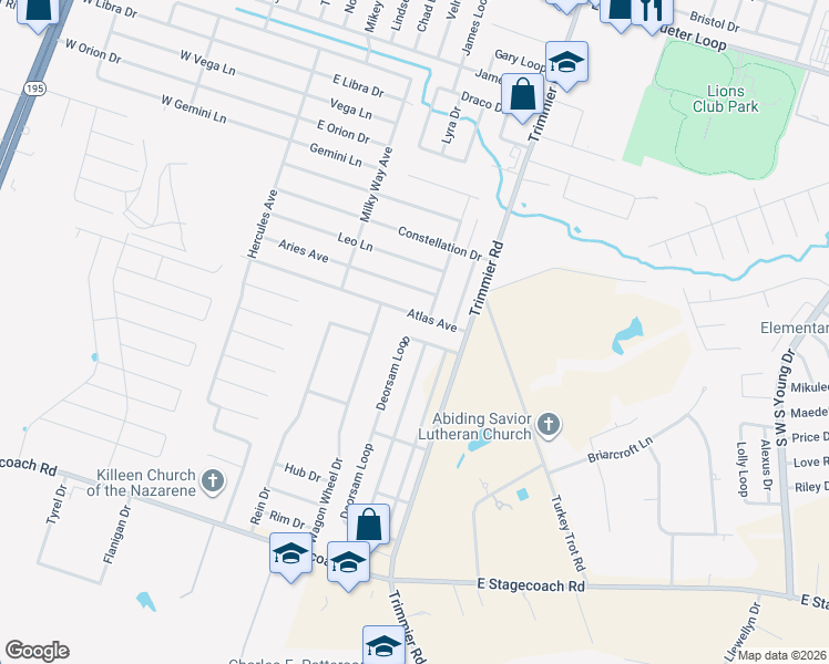 map of restaurants, bars, coffee shops, grocery stores, and more near 6409 Deorsam Loop in Killeen