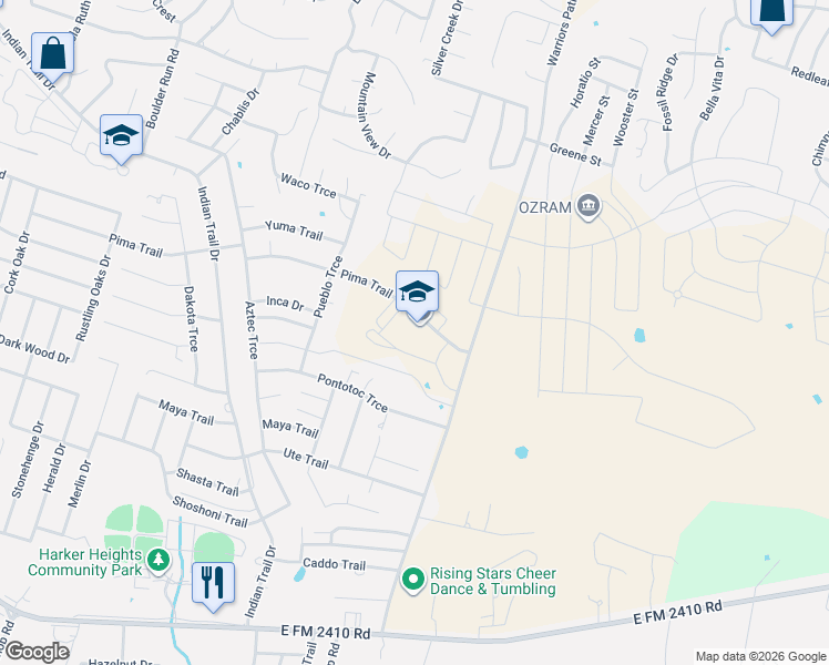 map of restaurants, bars, coffee shops, grocery stores, and more near 1600 Warriors Path Road in Harker Heights