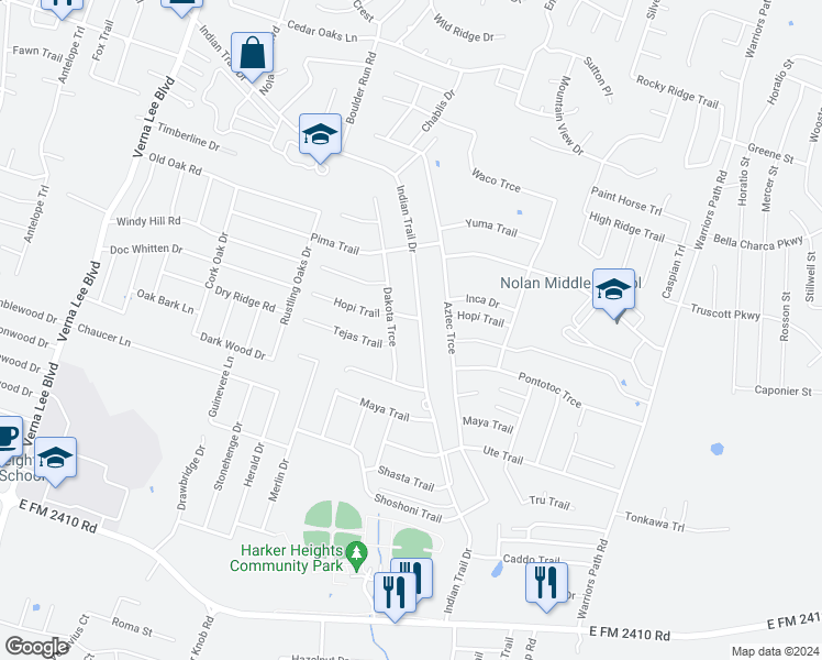 map of restaurants, bars, coffee shops, grocery stores, and more near 1703B Indian Trail in Harker Heights