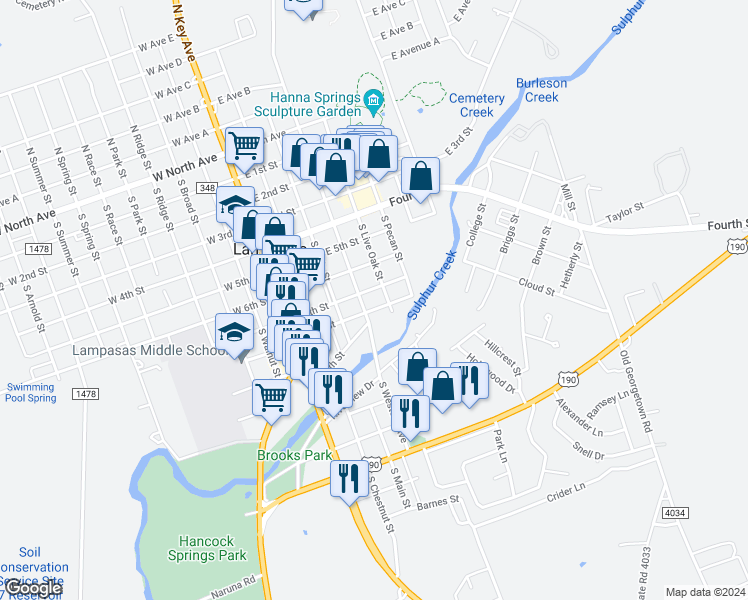 map of restaurants, bars, coffee shops, grocery stores, and more near 803 South Live Oak Street in Lampasas