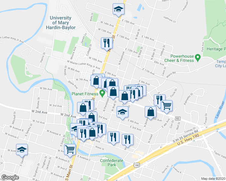 map of restaurants, bars, coffee shops, grocery stores, and more near 619 North Penelope Street in Belton