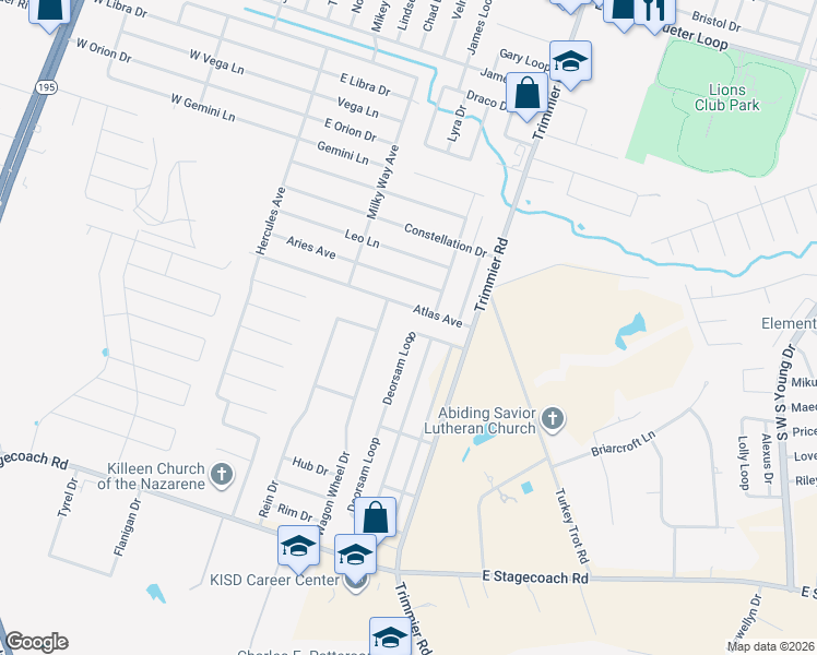 map of restaurants, bars, coffee shops, grocery stores, and more near 6413 Deorsam Loop in Killeen