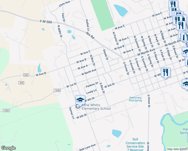 map of restaurants, bars, coffee shops, grocery stores, and more near 1303 West 1st Street in Lampasas
