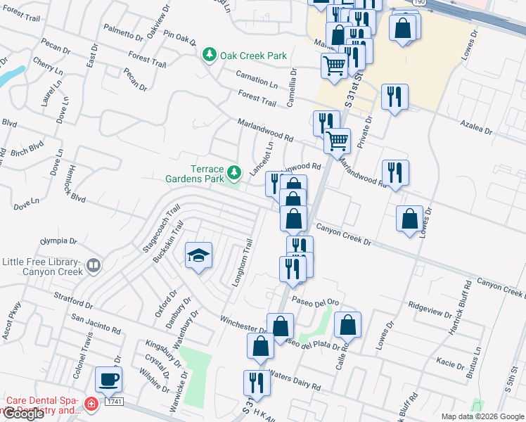 map of restaurants, bars, coffee shops, grocery stores, and more near 1805 Canyon Creek Dr in Temple