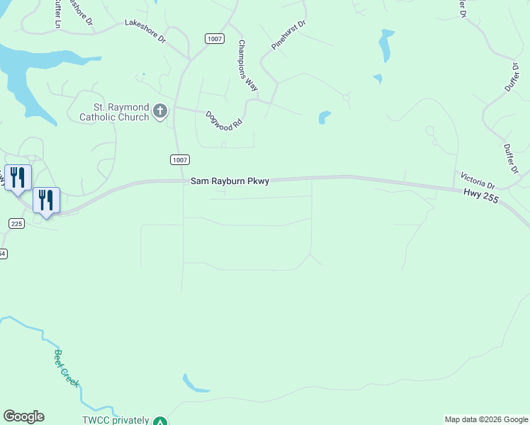map of restaurants, bars, coffee shops, grocery stores, and more near 253 Neches Drive in Brookeland