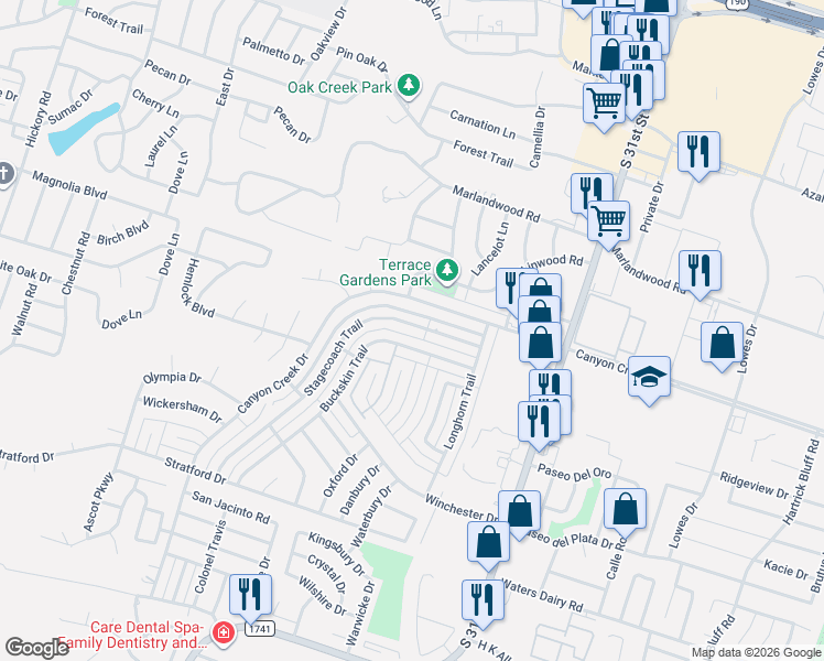 map of restaurants, bars, coffee shops, grocery stores, and more near 2101 Stagecoach Trail in Temple