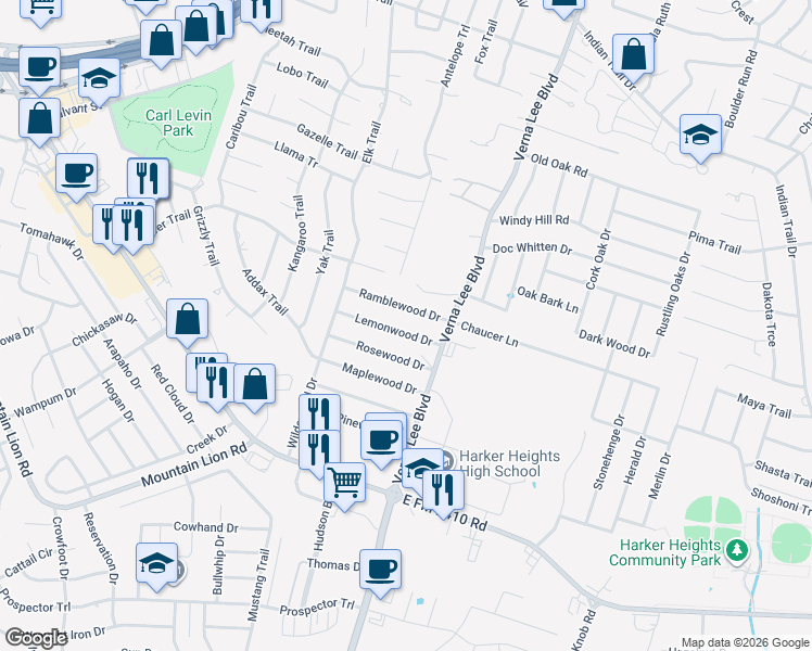 map of restaurants, bars, coffee shops, grocery stores, and more near 933 Lemonwood in Harker Heights