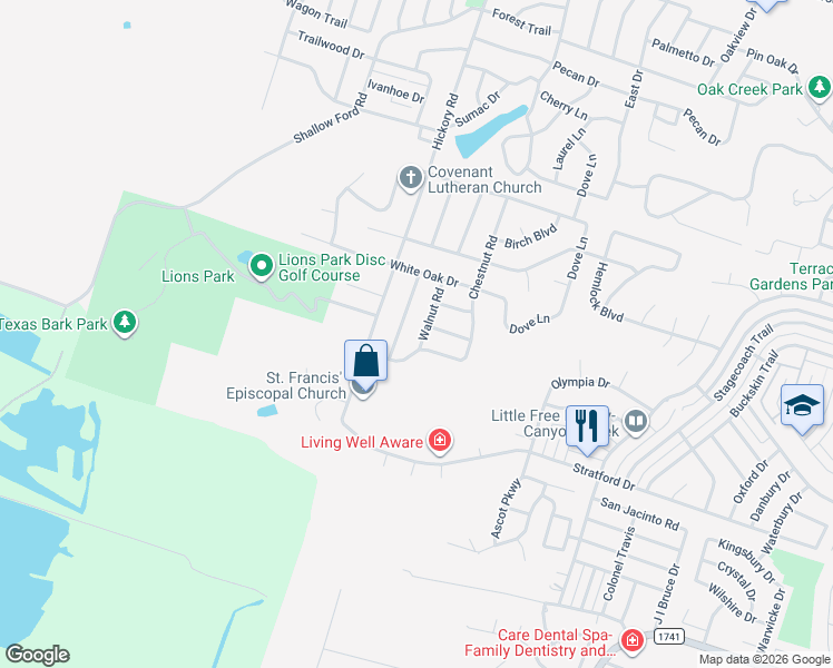 map of restaurants, bars, coffee shops, grocery stores, and more near 3215 Poplar Road in Temple