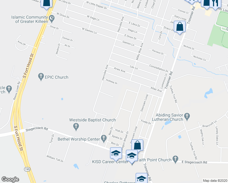 map of restaurants, bars, coffee shops, grocery stores, and more near 906 Earp Drive in Killeen