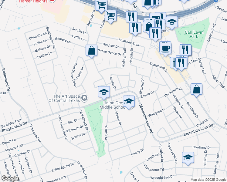 map of restaurants, bars, coffee shops, grocery stores, and more near 2308 Omaha Drive in Harker Heights
