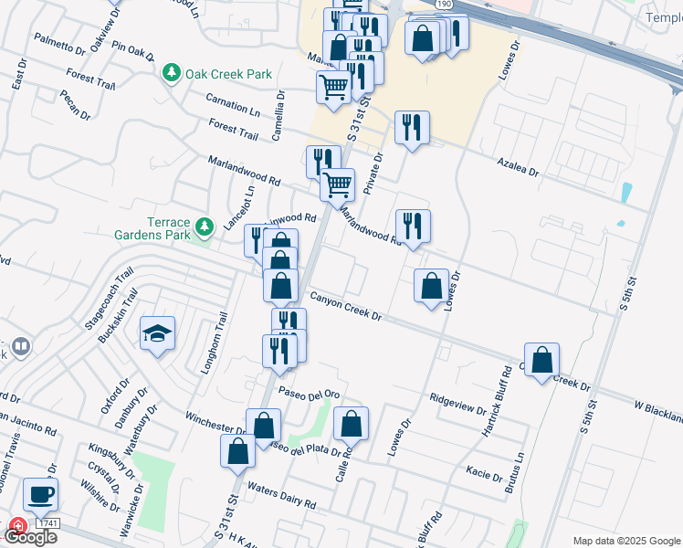 map of restaurants, bars, coffee shops, grocery stores, and more near 1476 Canyon Creek Drive in Temple