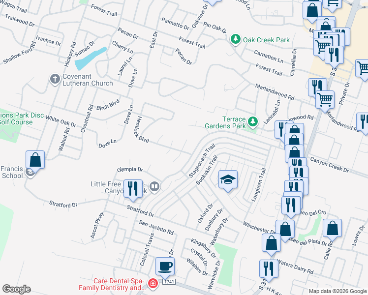 map of restaurants, bars, coffee shops, grocery stores, and more near 4303 Stonehill Court in Temple