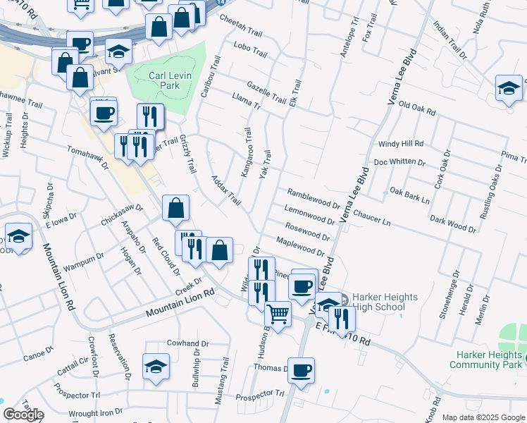 map of restaurants, bars, coffee shops, grocery stores, and more near 2117 Yak Trail in Harker Heights