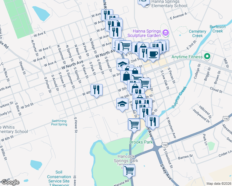 map of restaurants, bars, coffee shops, grocery stores, and more near 602 South Broad Street in Lampasas