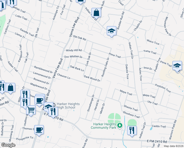 map of restaurants, bars, coffee shops, grocery stores, and more near 2035 Chinquapin Lane in Harker Heights