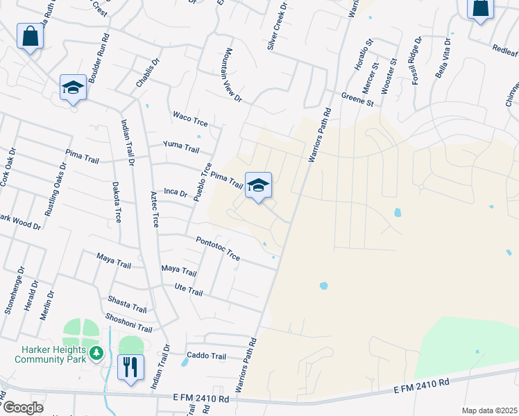 map of restaurants, bars, coffee shops, grocery stores, and more near 1600 Warriors Path Road in Harker Heights